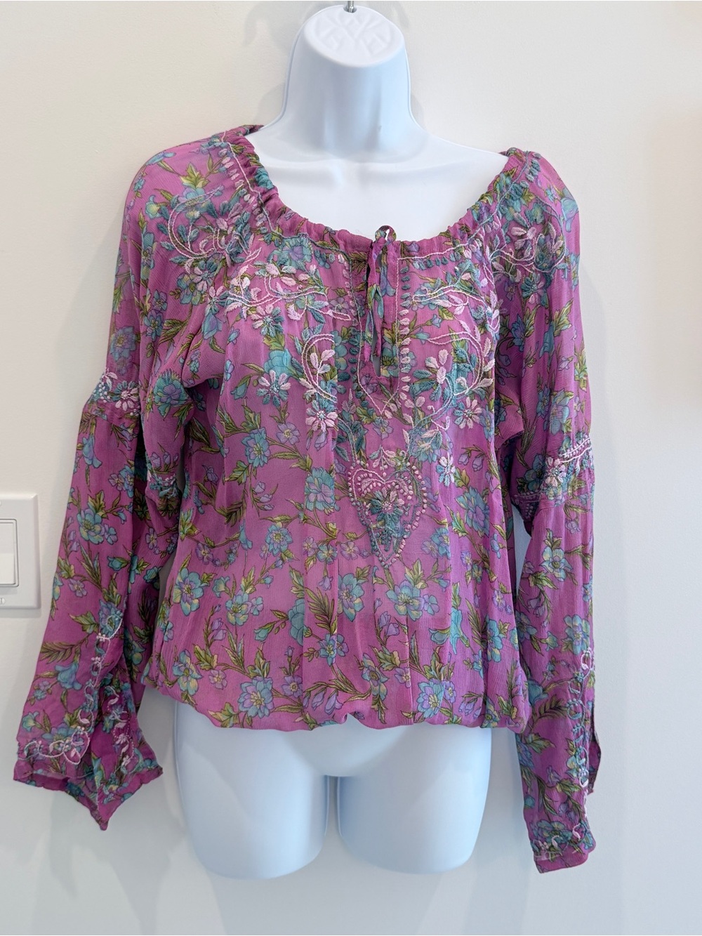 Boho Pink Floral Tie-Neck Peasant Blouse